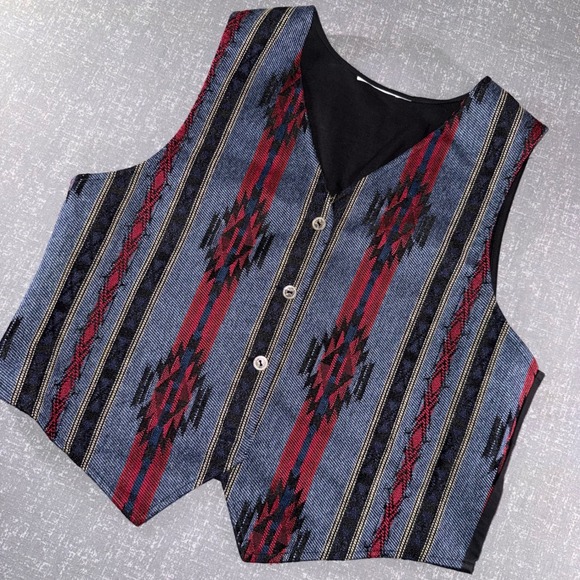 Vintage Jackets & Blazers - Vintage Southwestern Tapestry Vest Blue Red Geometric Button Front Waistcoat